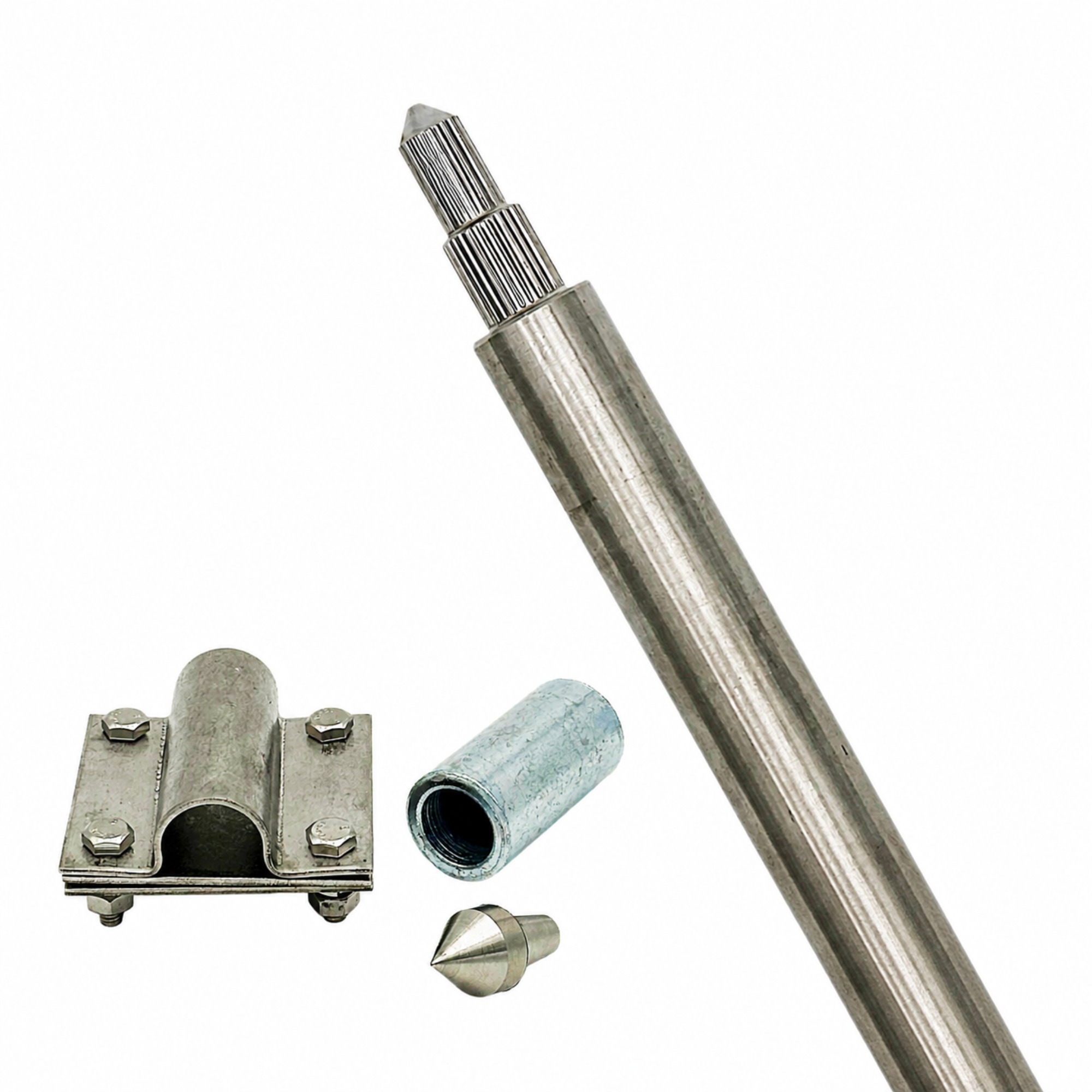 Erdungsspieß aus Edelstahl, Einschlagspitze, Kreuzeder-Klemme & Schutzadapter