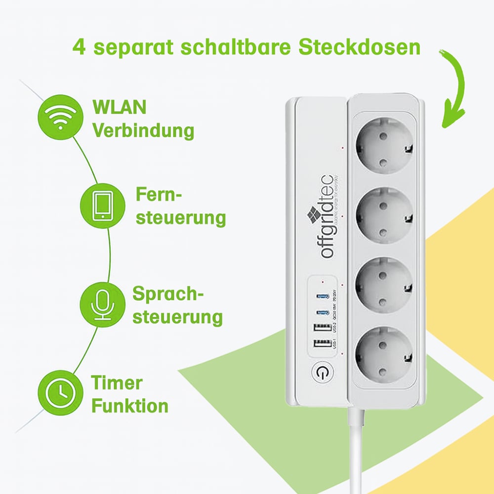 Offgridtec smart 4-way socket strip + 2x USB-A and 2x USB-C connection with Smart Life or Tuya app - 1.5m cable