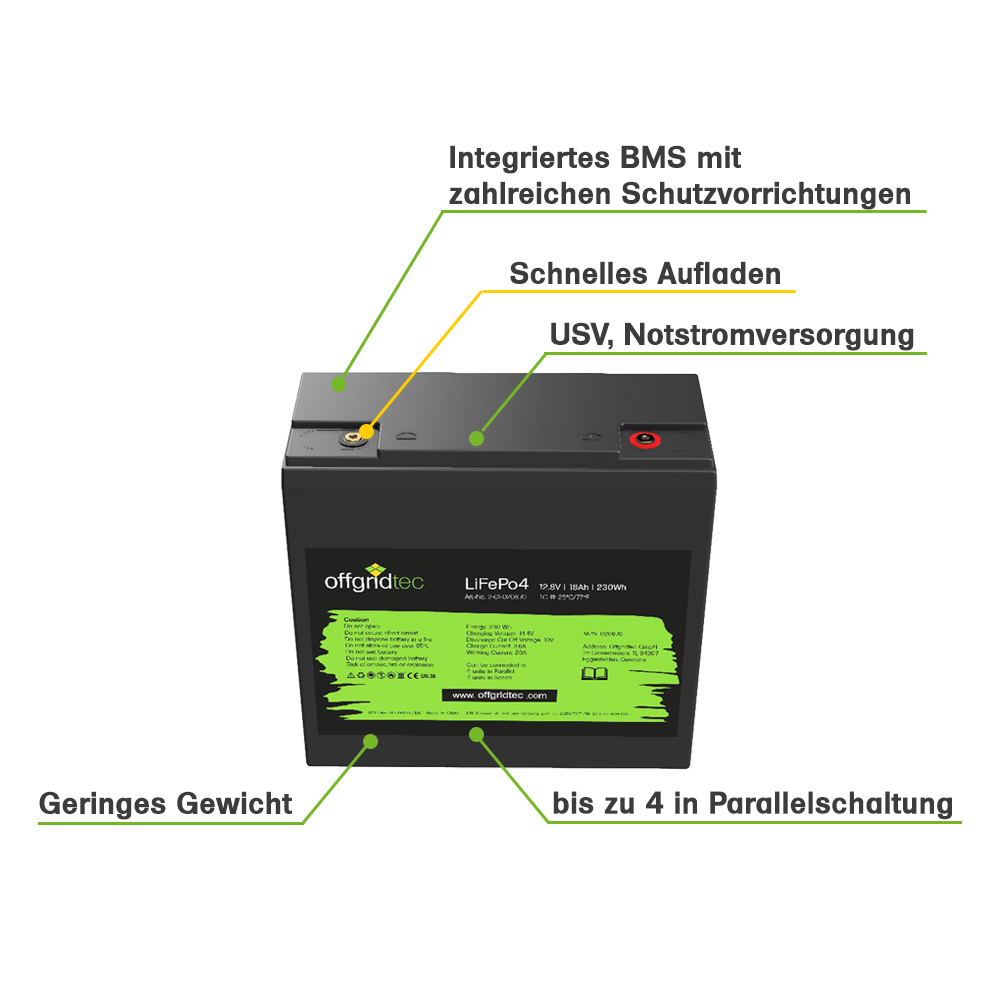 Offgridtec LifePo4 battery 12/18 12.8V 18Ah BMS integrated 224Wh