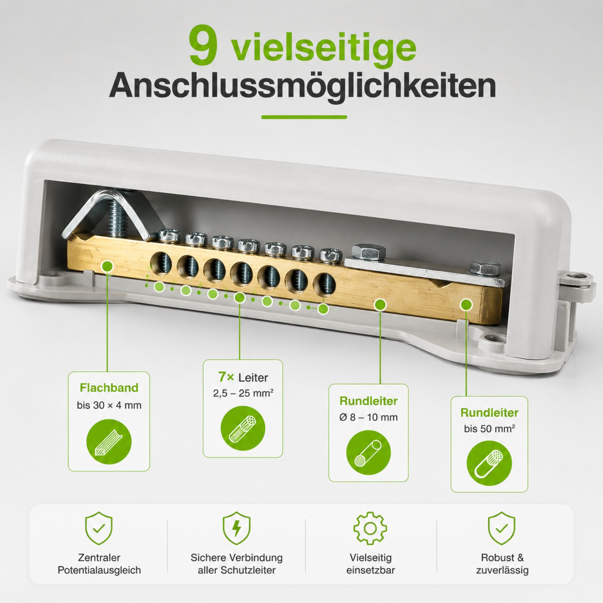 Offgridtec Grounding Busbar, Sealable Equipotential Bonding Busbar, 9 Connections, Gray, up to 25 mm²