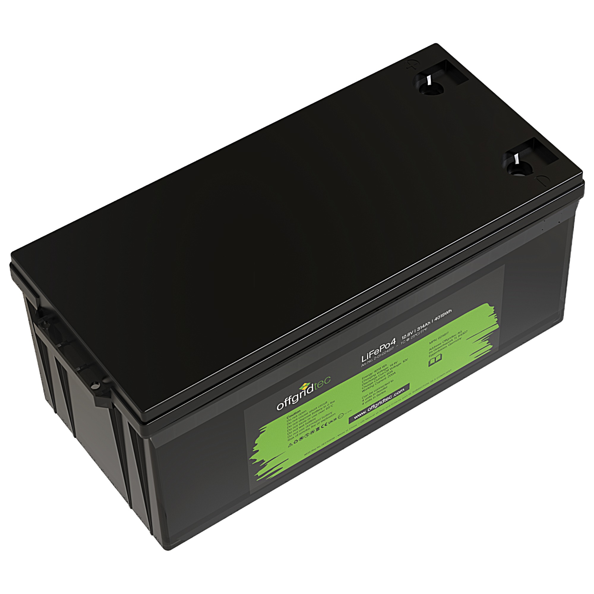 schwarze Offgridtec LiFePO4 Batterie 12V 314Ah Schrägansicht oben links