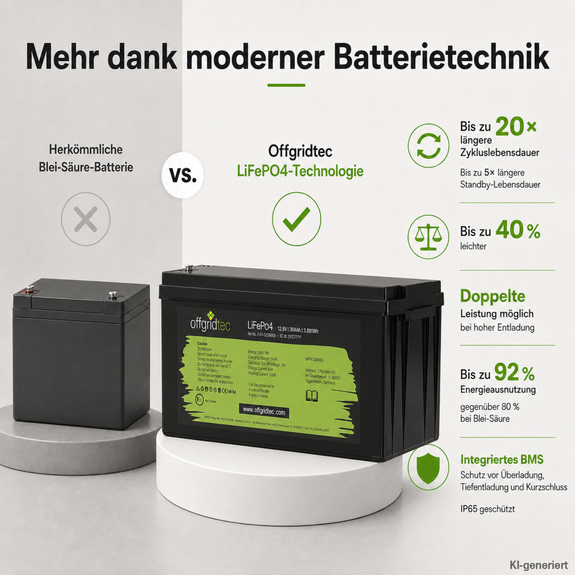 schwarze Offgridtec LiFePO4 Batterie 12V 300Ah Vergleich mit Blei-Säure-Akku