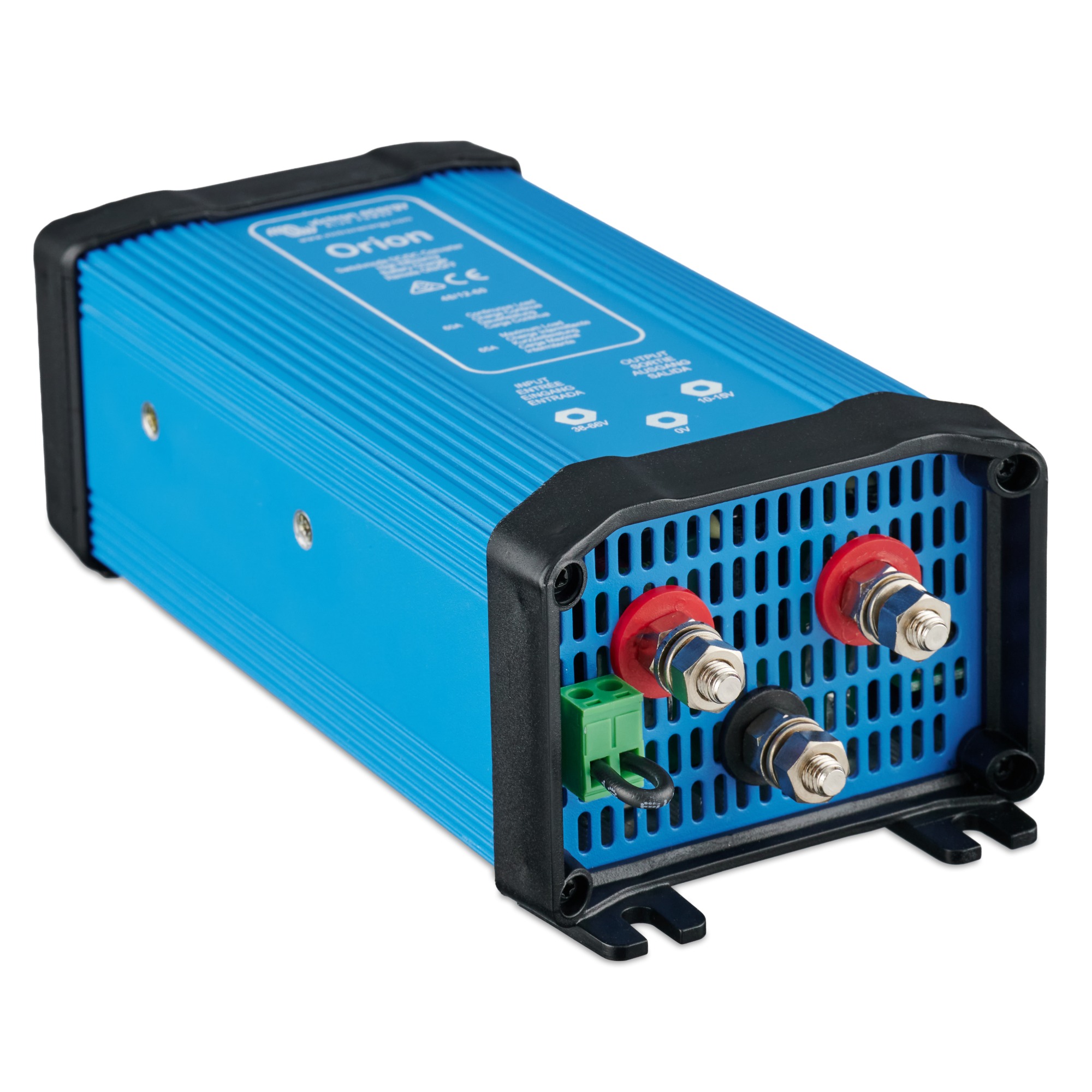 blauer Victron Orion DC-DC Wandler 48-12 60A schräge Frontansicht links Anschlüsse unten