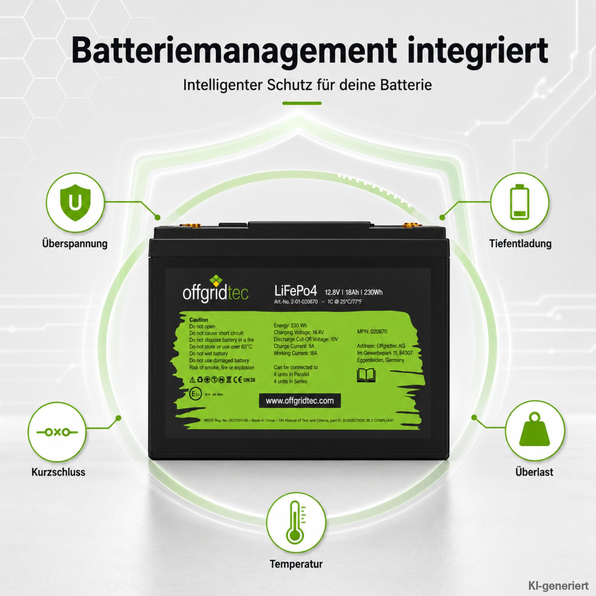 schwarze Offgridtec LiFePO4 Batterie 12V 18Ah integriertes Batteriemanagement