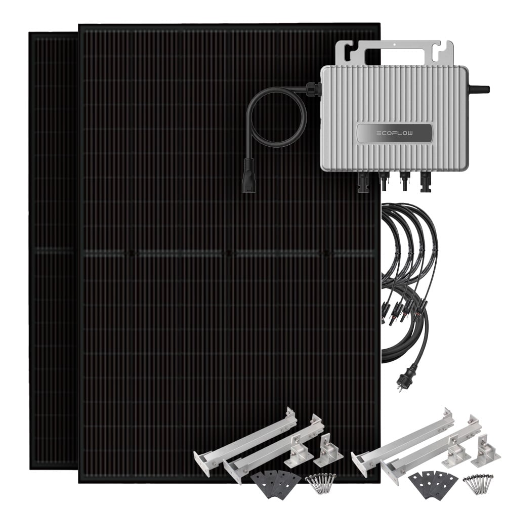 Setansicht: 2 Luxen Solarmodule, ein Ecoflow Stream Mikrowechselrichter, Flachdach-Halterungen, 4 PV-Kabel und einem AC-Kabel