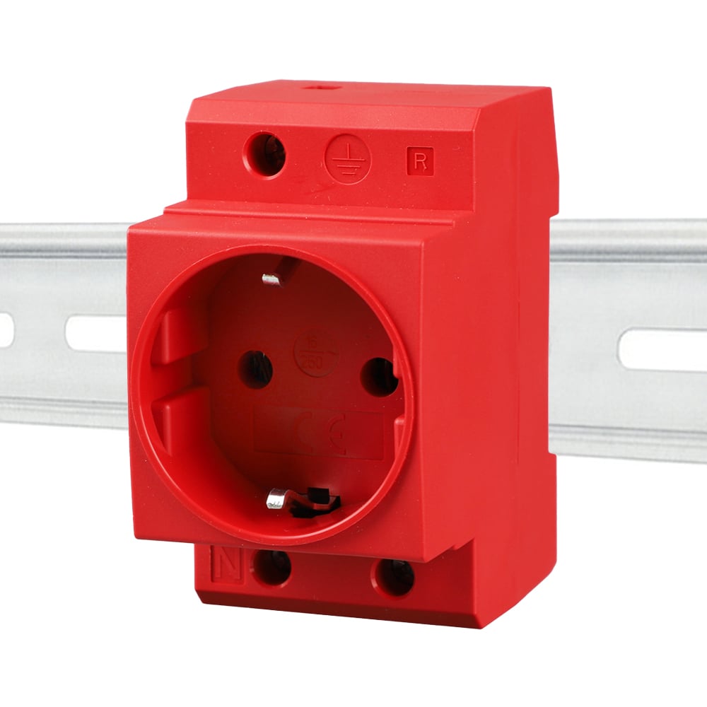 Schuko socket for top-hat rail in red 16A 230V 2P+E for 35mm DIN rail mounting