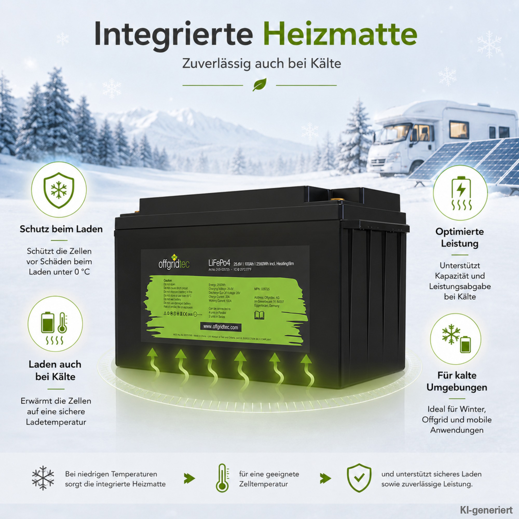 schwarze Offgridtec LiFePO4 Batterie mit Heizmatte 24V 100Ah Eigenschaften der integrierten Heizmatte