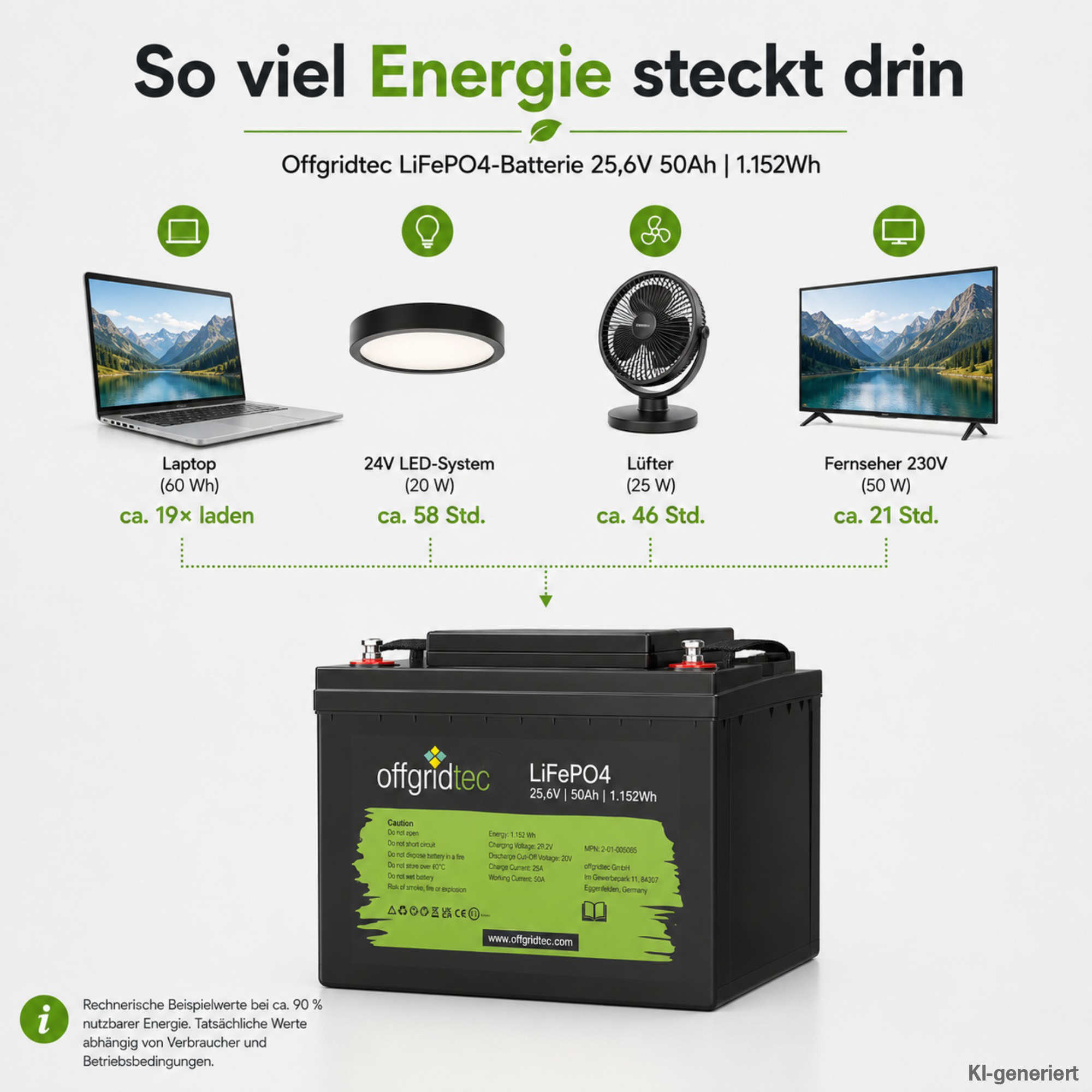 schwarze Offgridtec LiFePO4 Batterie 24V 50Ah Energieberechnung