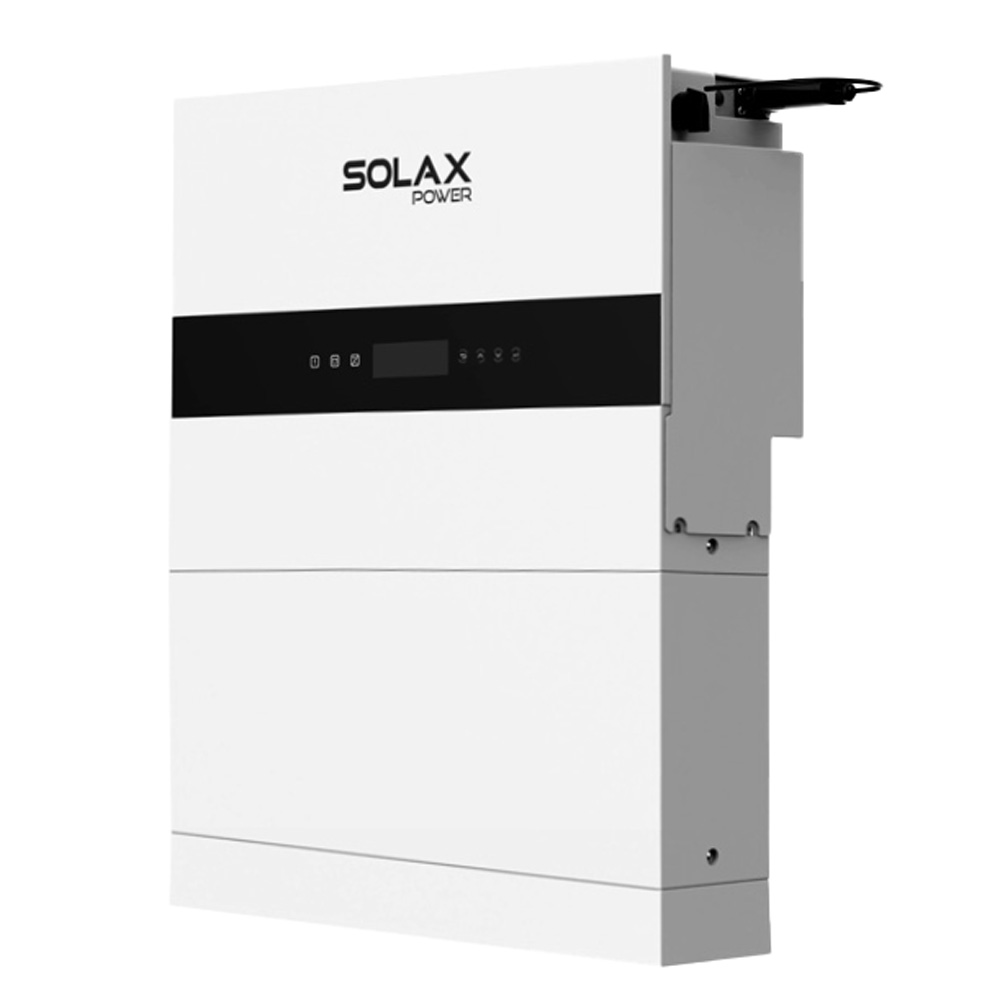 Schrägansicht von rechts: weißes Solax X1-IES Speichersystems mit Wechselrichter, 1 Batterie und BMS