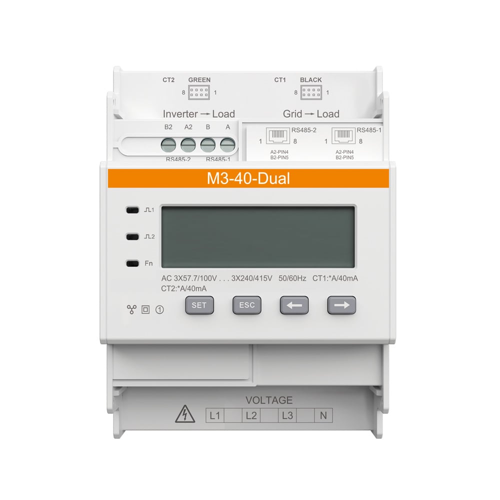 Frontansicht: hellgrauer Solax M3-40-Dual Zähler, LCD, SET/ESC-Tasten und Anschlüssen