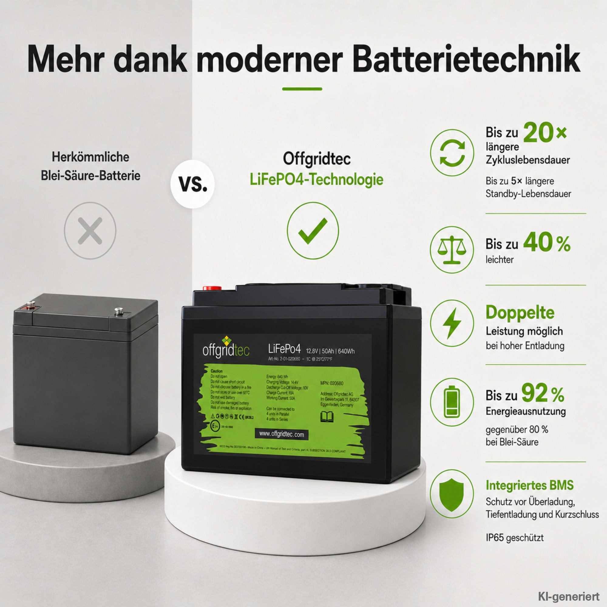 schwarze Offgridtec LiFePo4 Batterie 12V 50Ah Vergleich zu Blei-Säure Akku