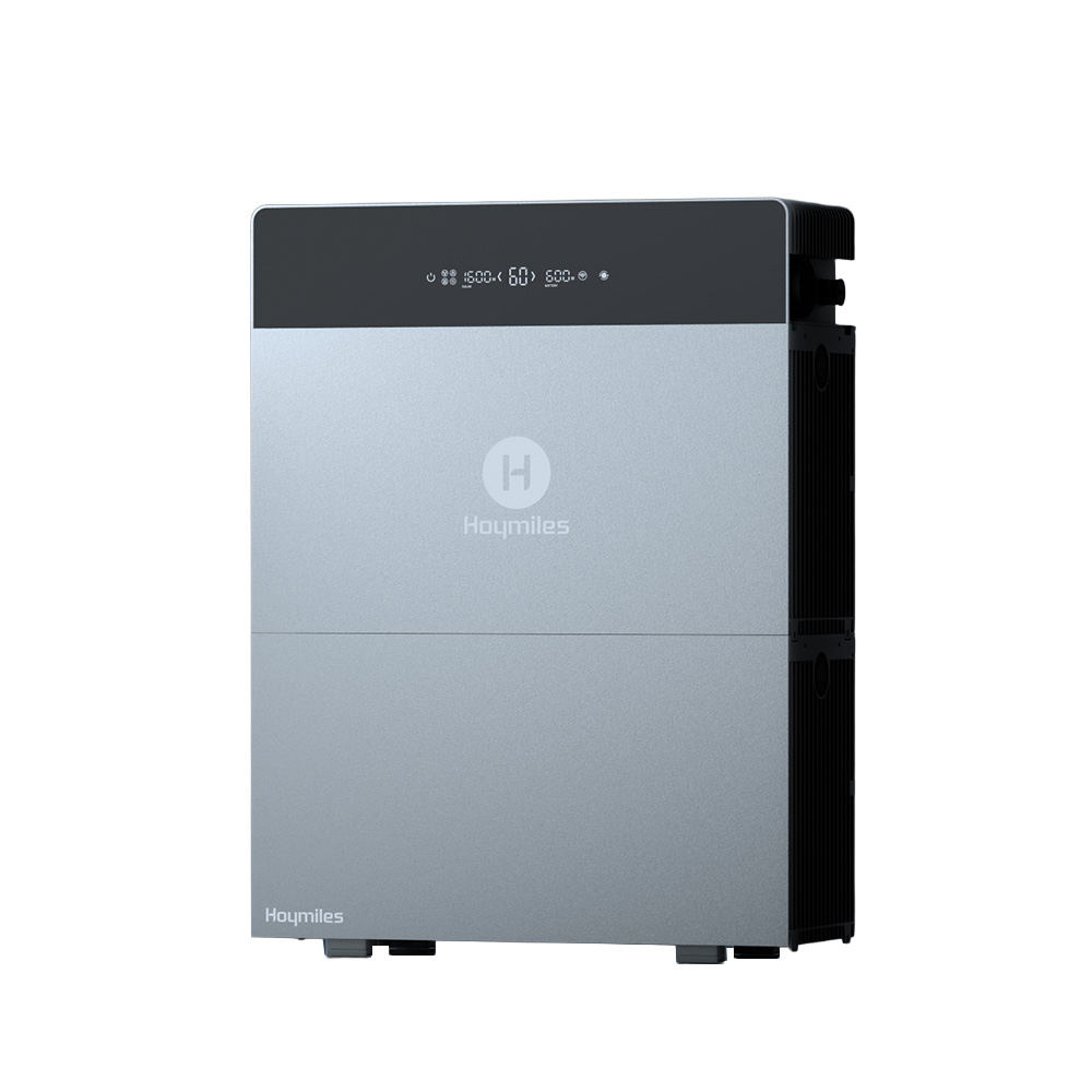 Hoymiles HiBattery HB-4020-X Energiespeicher mit Erweiterungsakku vertikal angeordnet in abgestuften Grautönen und Logo auf der Vorderseite von rechts