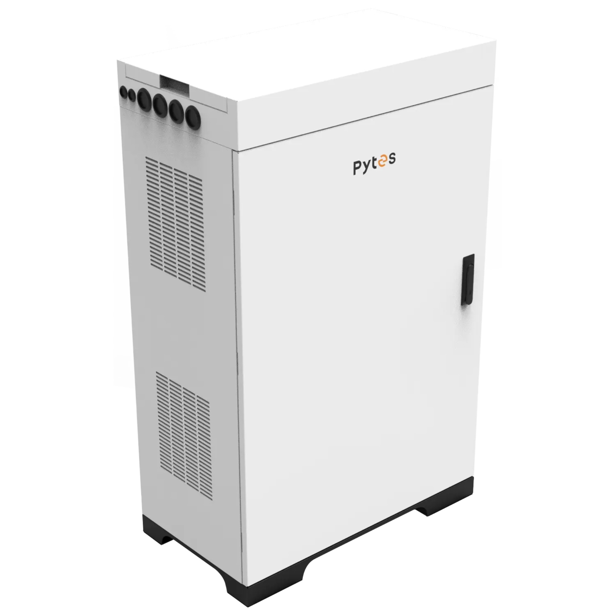 weißer Batterieschrank mit Pytes Logo schräge Frontansicht links von oben