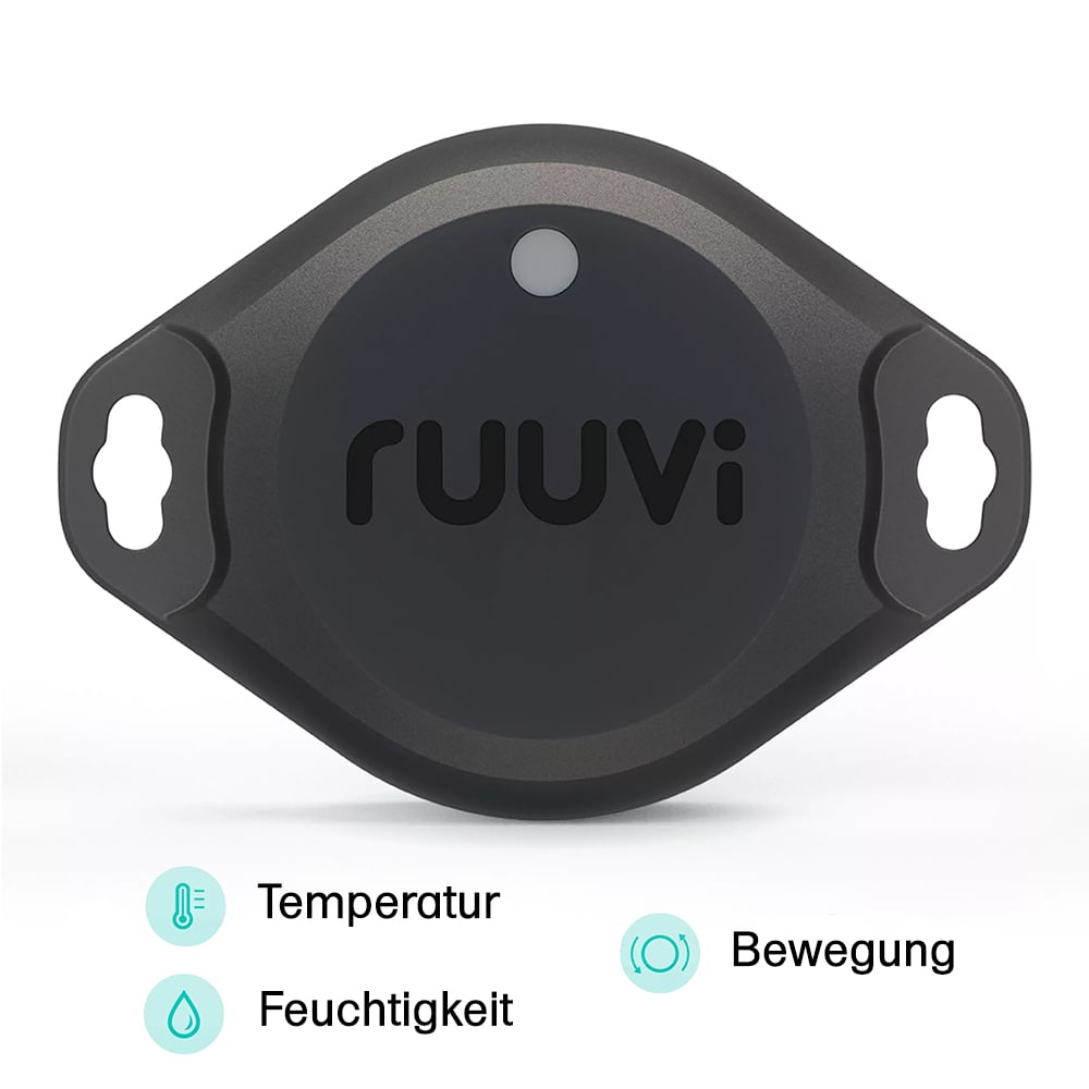 Schwarzer RuuviTag Pro 3in1 Bluetooth-Sensor mit Befestigungslaschen, misst Temperatur, Feuchtigkeit und Bewegung
