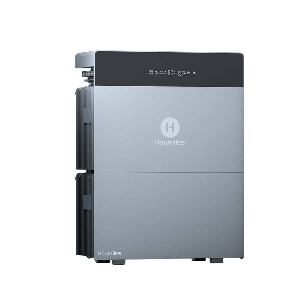 Hoymiles HiBattery HB-4020-X Energiespeicher mit Erweiterungsakku vertikal angeordnet in abgestuften Grautönen und Logo auf der Vorderseite von links
