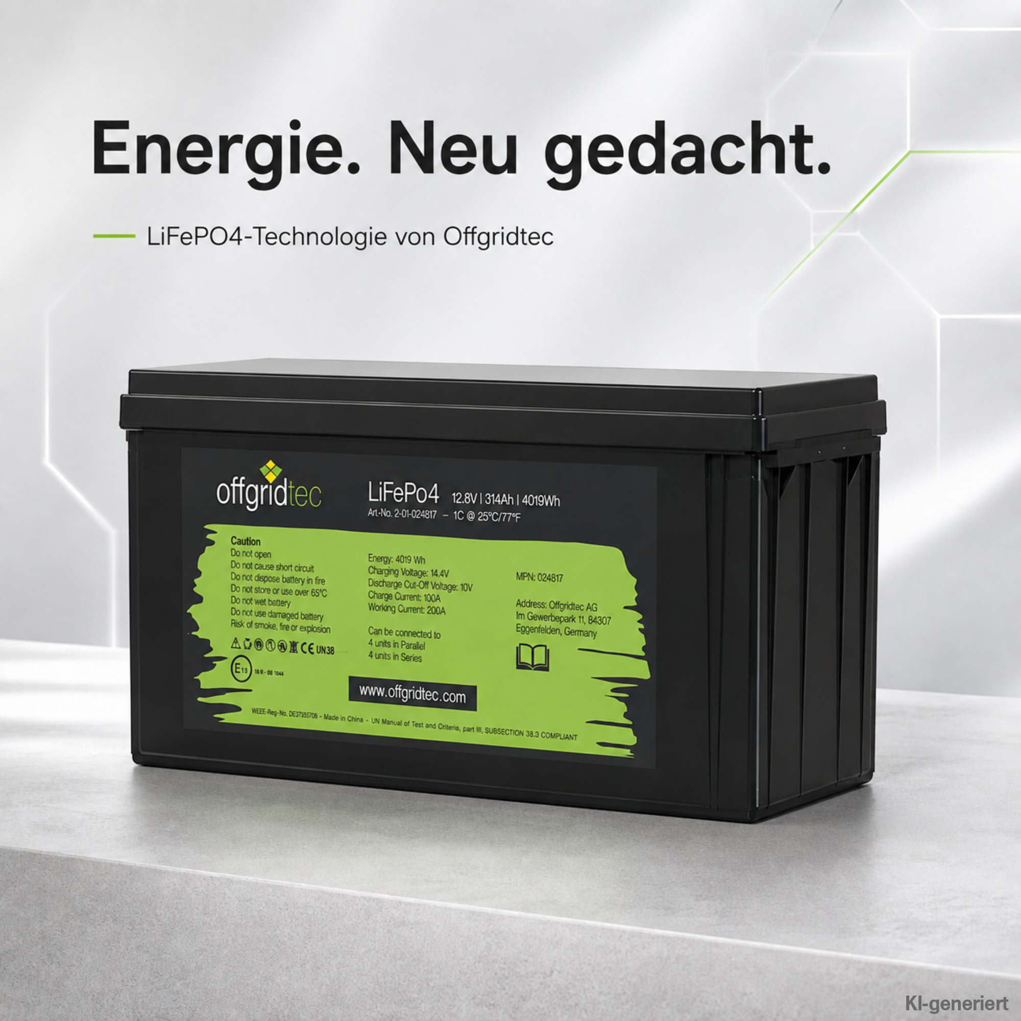 schwarze Offgridtec LiFePO4 Batterie 12V 314Ah auf grauem Untergrund