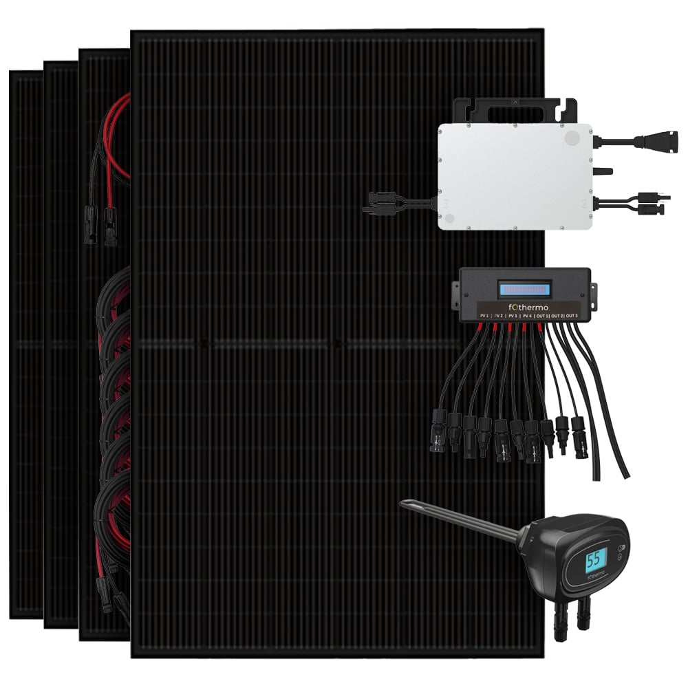 Setansicht: 4 Solarmodule, Hoymiles Mikrowechselrichter, Fothermo Umschaltgerät und Heizstab und passende Kabeln fürs System