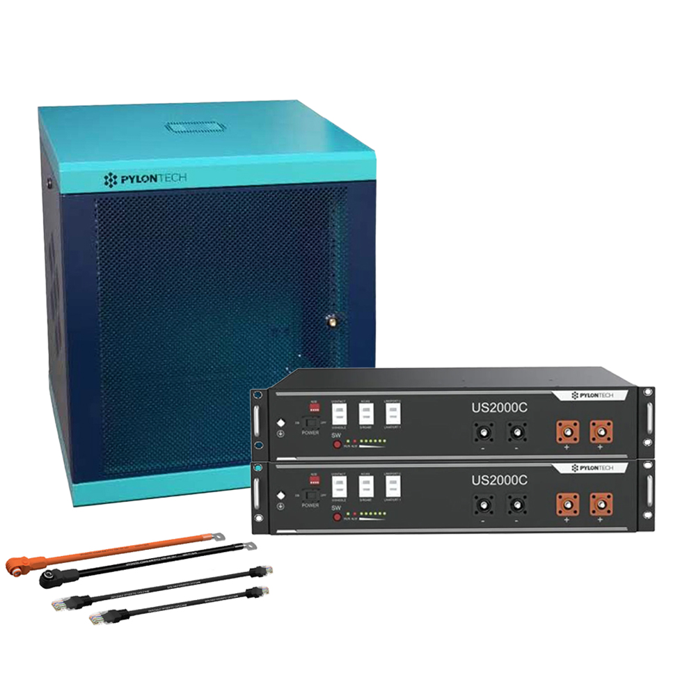 Pylontech 2x us2000c LiFePO4 battery 4.8kWh with inverter connection cable set and battery cabinet