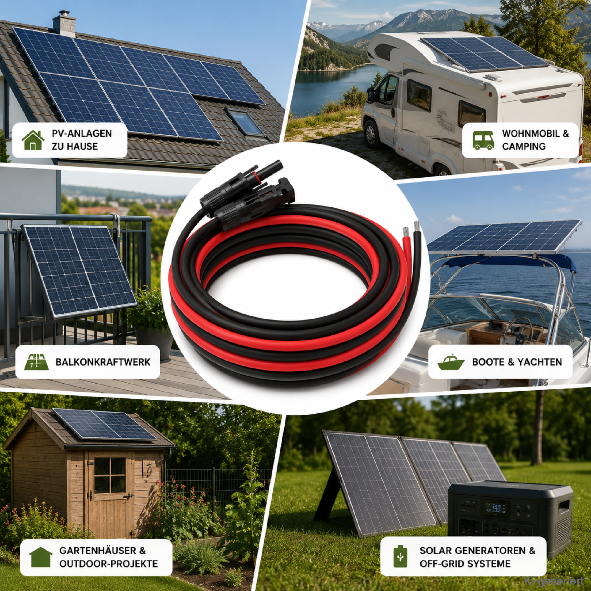 3m 6mm Solarkabel schwarz rot mit 6 Fotos von Anwendungsgebieten