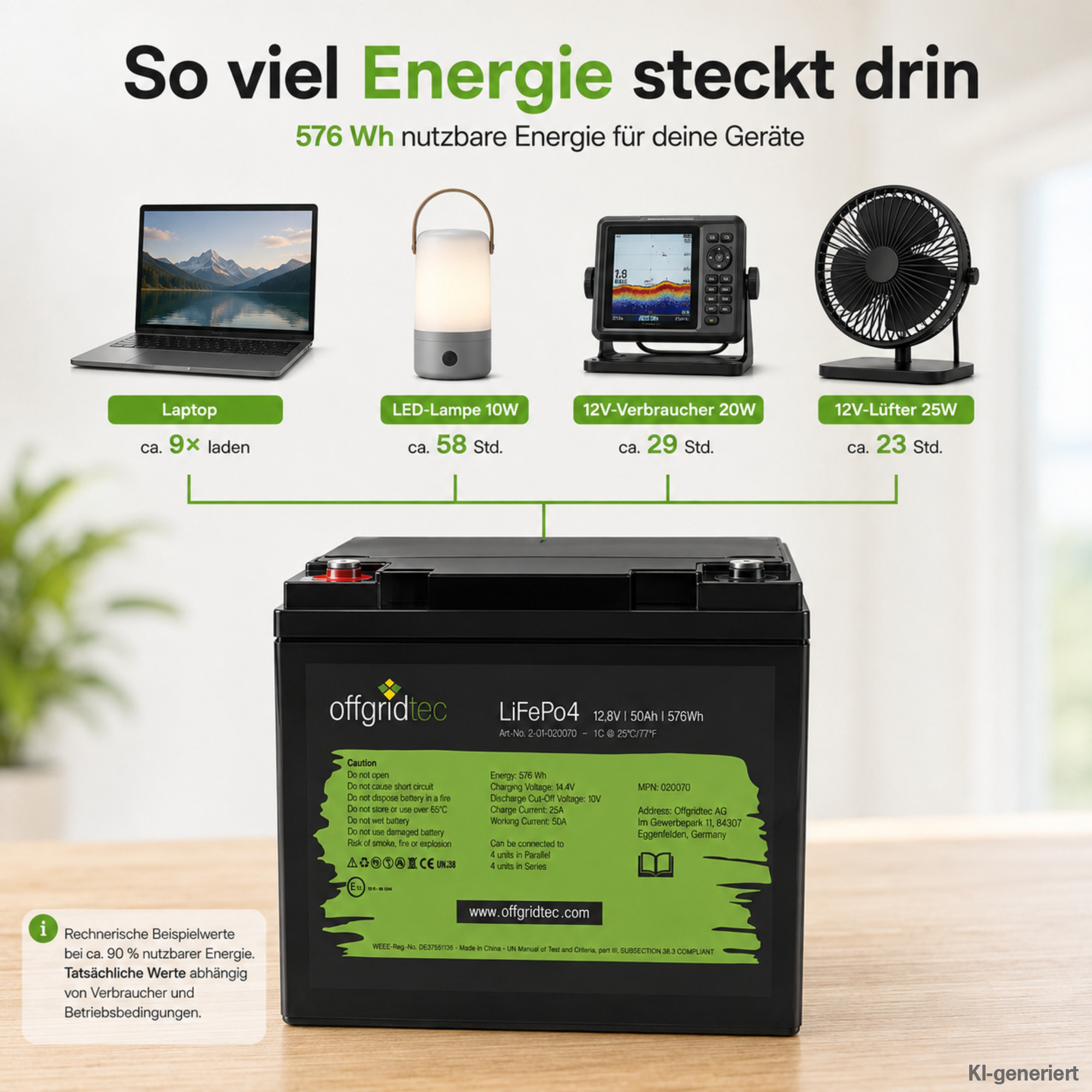 schwarze Offgridtec LiFePo4 Batterie 12V 50Ah Energieberechnung