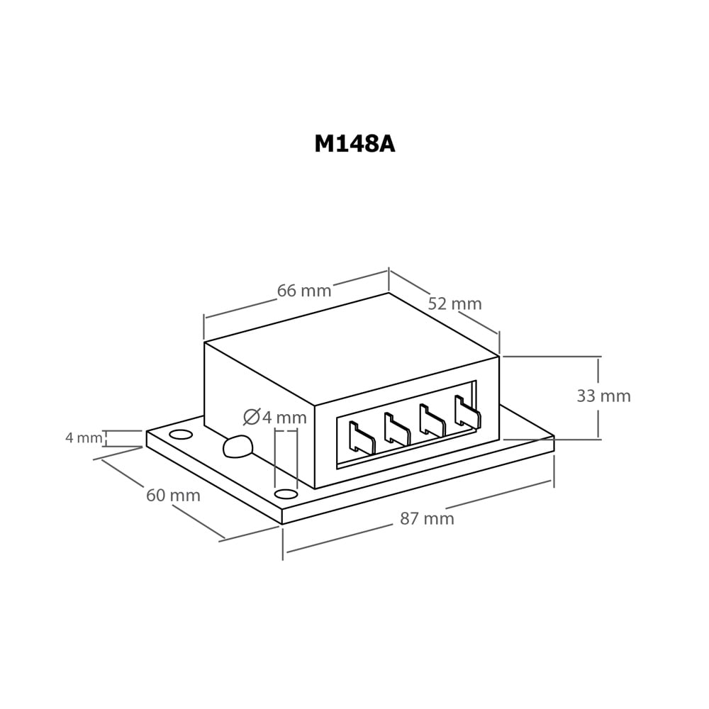 Technische Zeichnung des Kemo M148-24 Batteriewächters mit Abmessungen: 87x60x33mm