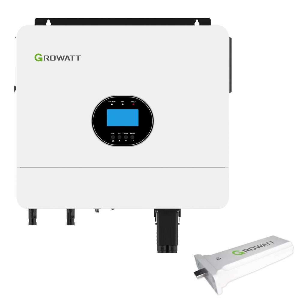 Frontansicht des weißen Growatt SPF6000 ES Plus Wechselrichter; daneben der weiße Shine WiFi-F Stick in Schrägansicht