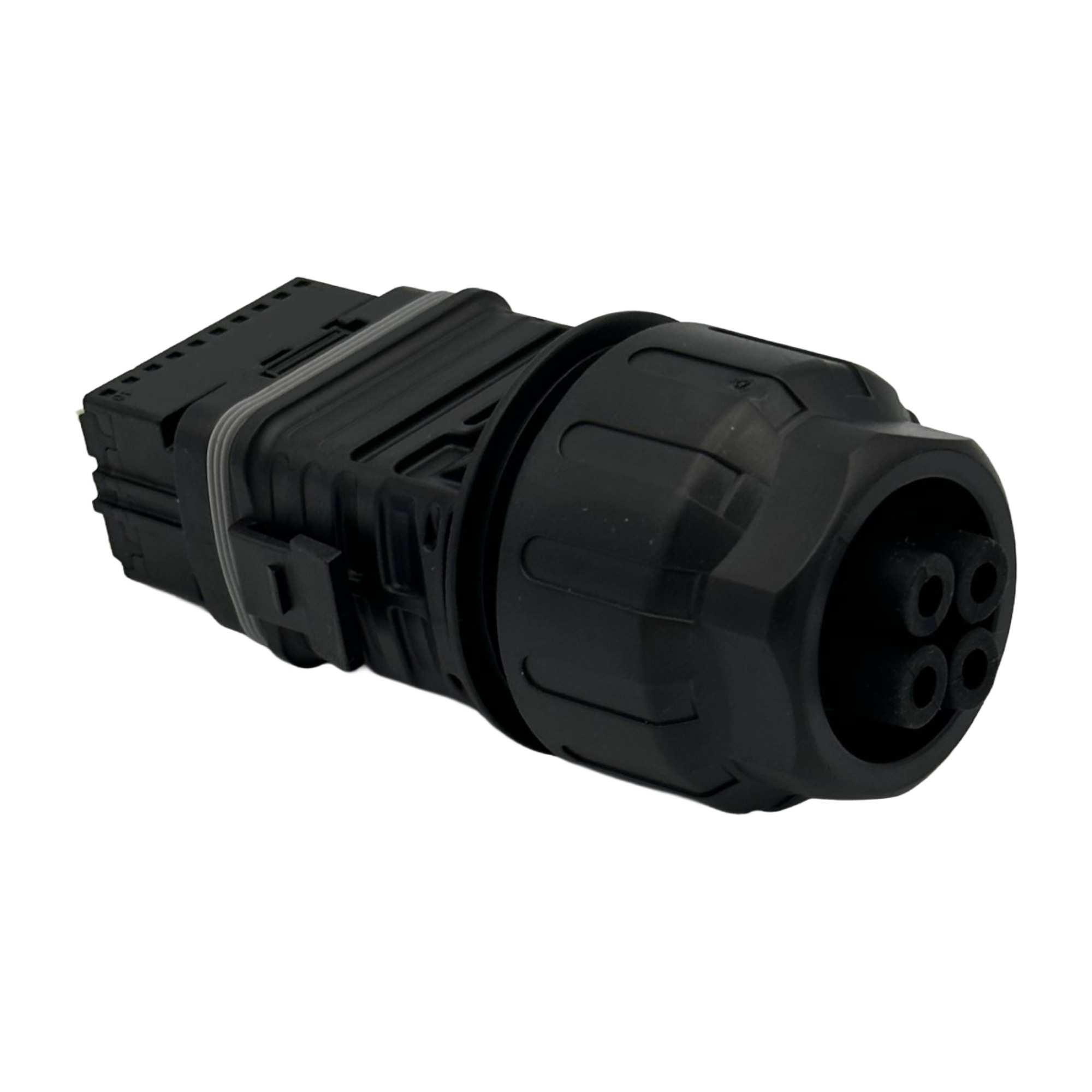 schwarzer Kommunikationsstecker schräge Frontanscht rechts