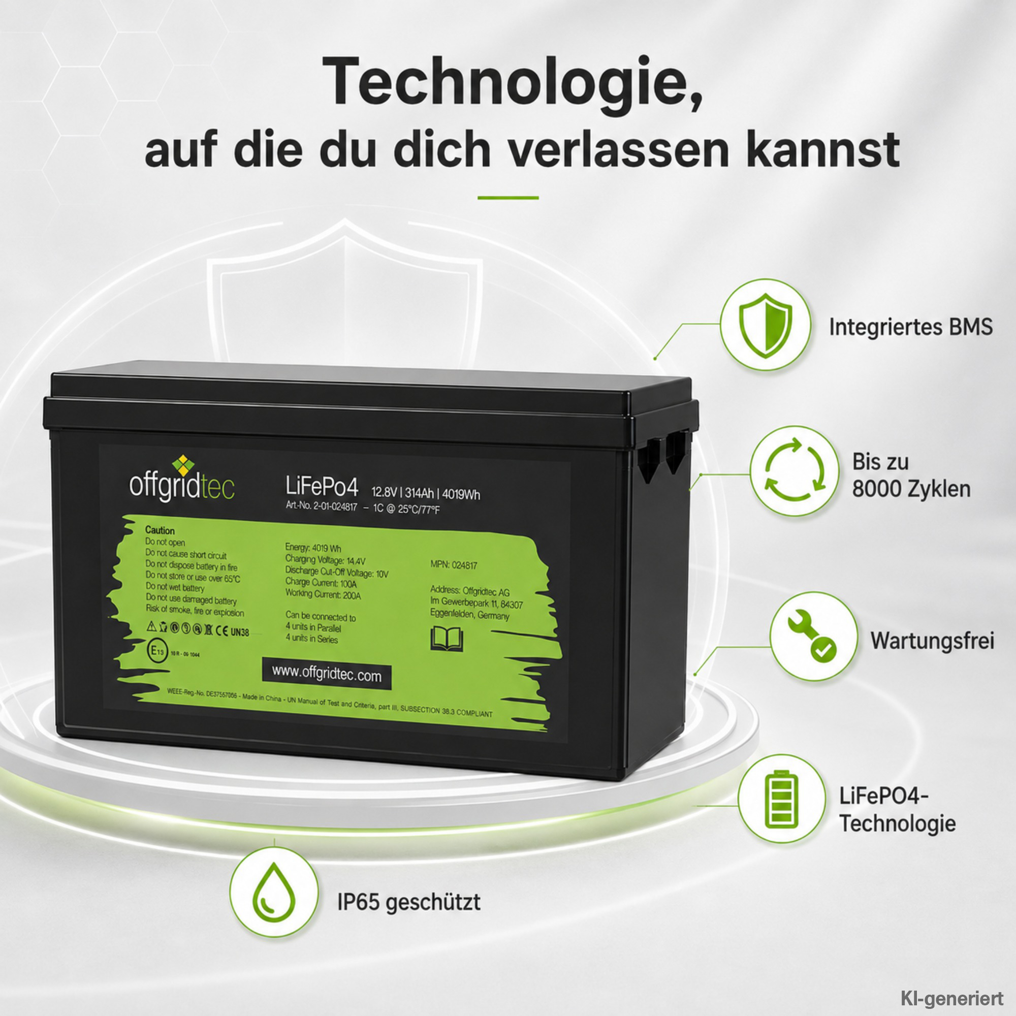 schwarze Offgridtec LiFePO4 Batterie 12V 314Ah Verkaufsargumente um Akku herum