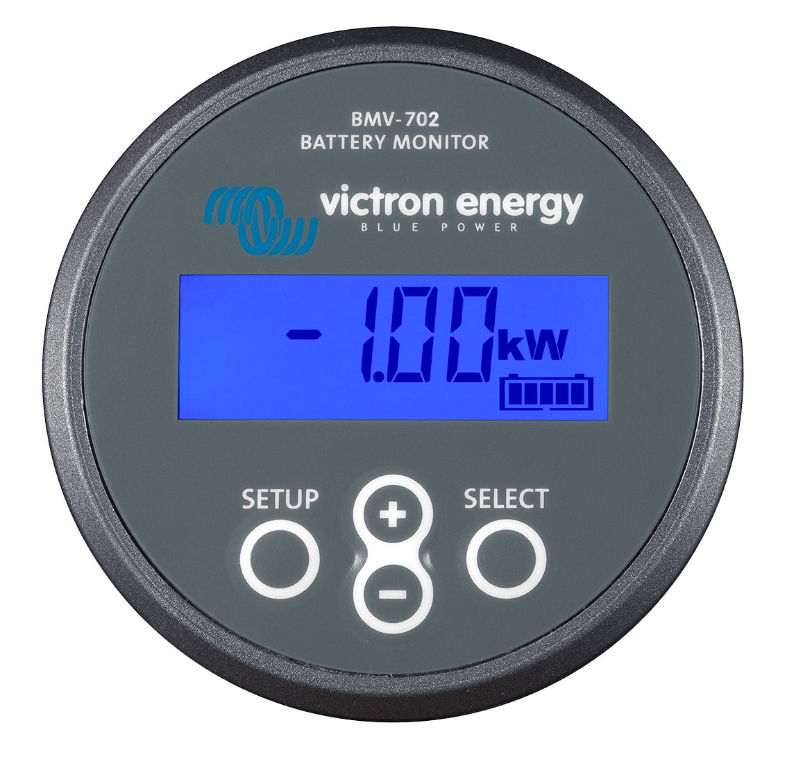 Batterie-Monitor in grau mit blauem Display und Anzeige