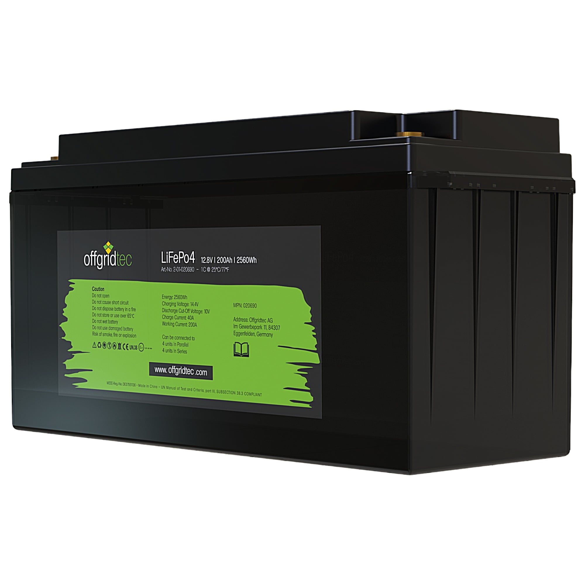 schwarze Offgridtec LiFePO4 Batterie 12V 200Ah schräge Frontansicht rechts
