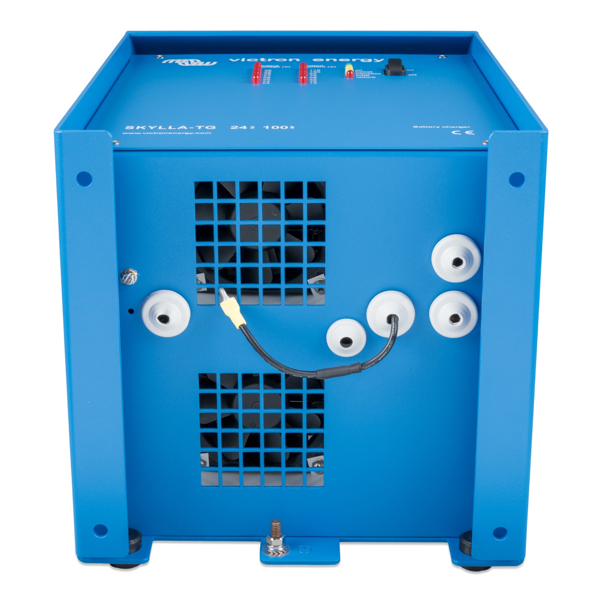 blaues Victron Skylla-TG Batterieladegerät Bodenansicht mit Anschlüssen