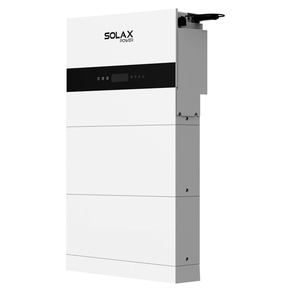 Schrägansicht von rechts: weißes Solax X1-IES Speichersystems mit Wechselrichter, 2 Batterien und BMS Schrägansicht von rechts: weißes Solax X3-IES Speichersystems mit Wechselrichter, 2 Batterien und BMS