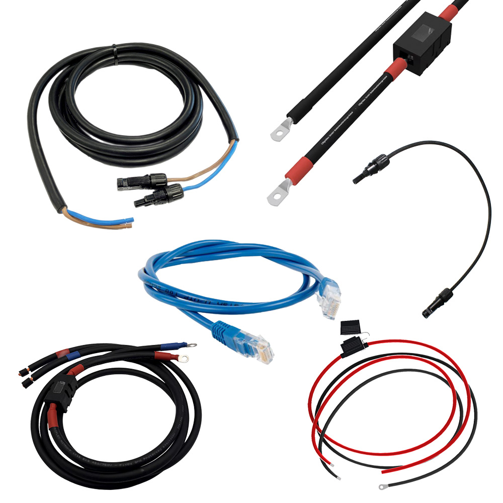 Setansicht der mitgelieferten Kabeln: Verbindungskabel, MC4-Kabel, 3 verschiedene Batteriekabel und Victron RJ45 UTP Kabel