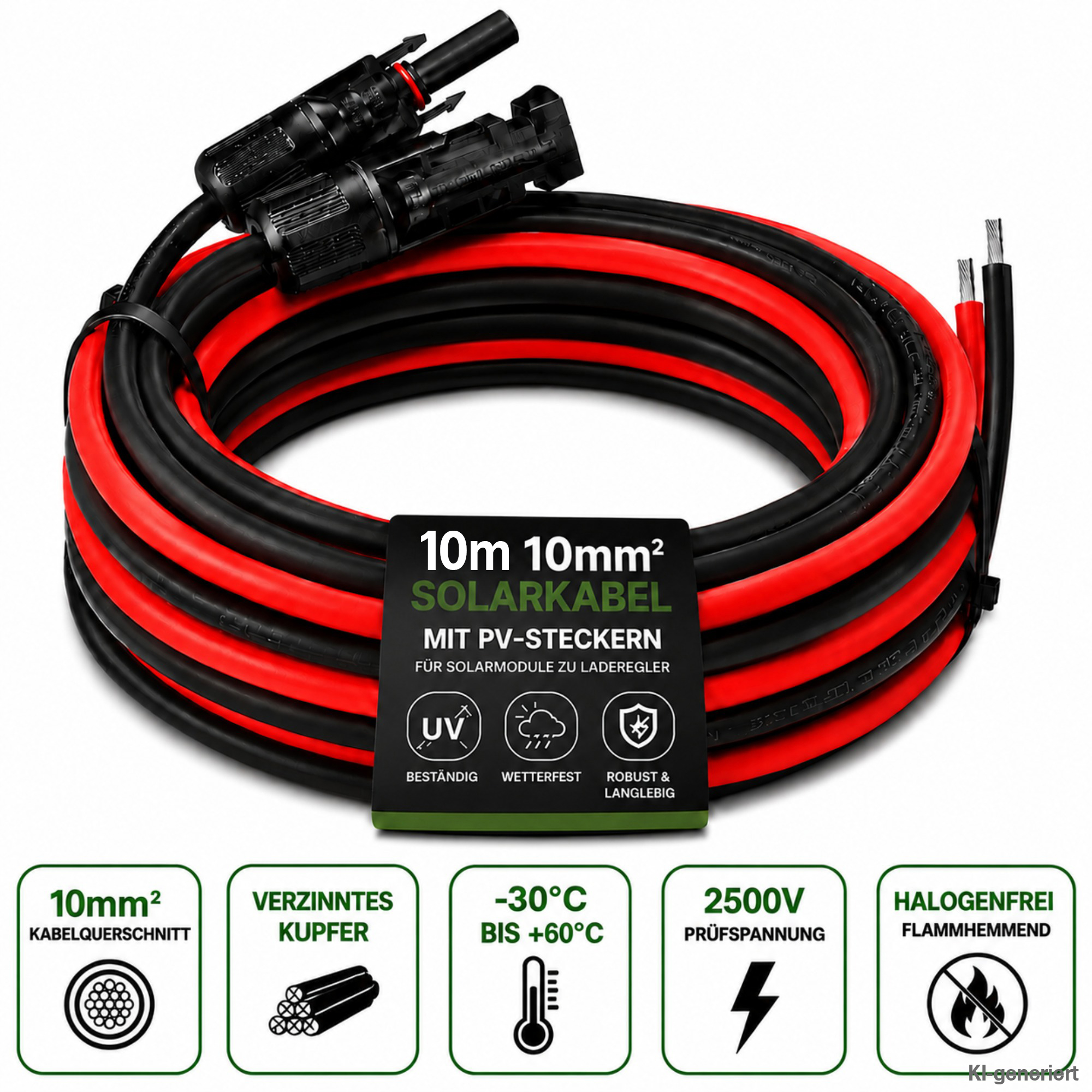 10m 10mm Kabel schwarz und rot mit Solarstecker und offener Litze mit Informationslabel