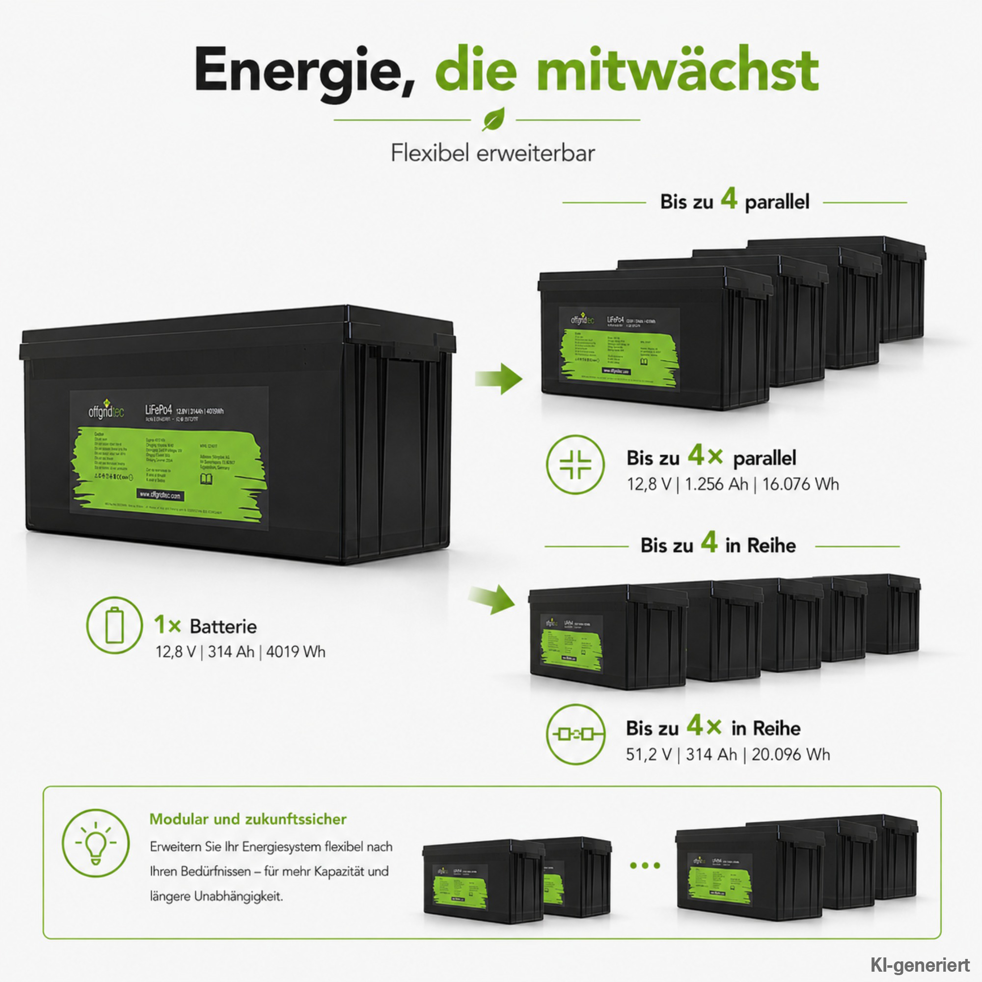 schwarze Offgridtec LiFePO4 Batterie 12V 314Ah Erweiterungsmöglichkeit parallel und in Reihe