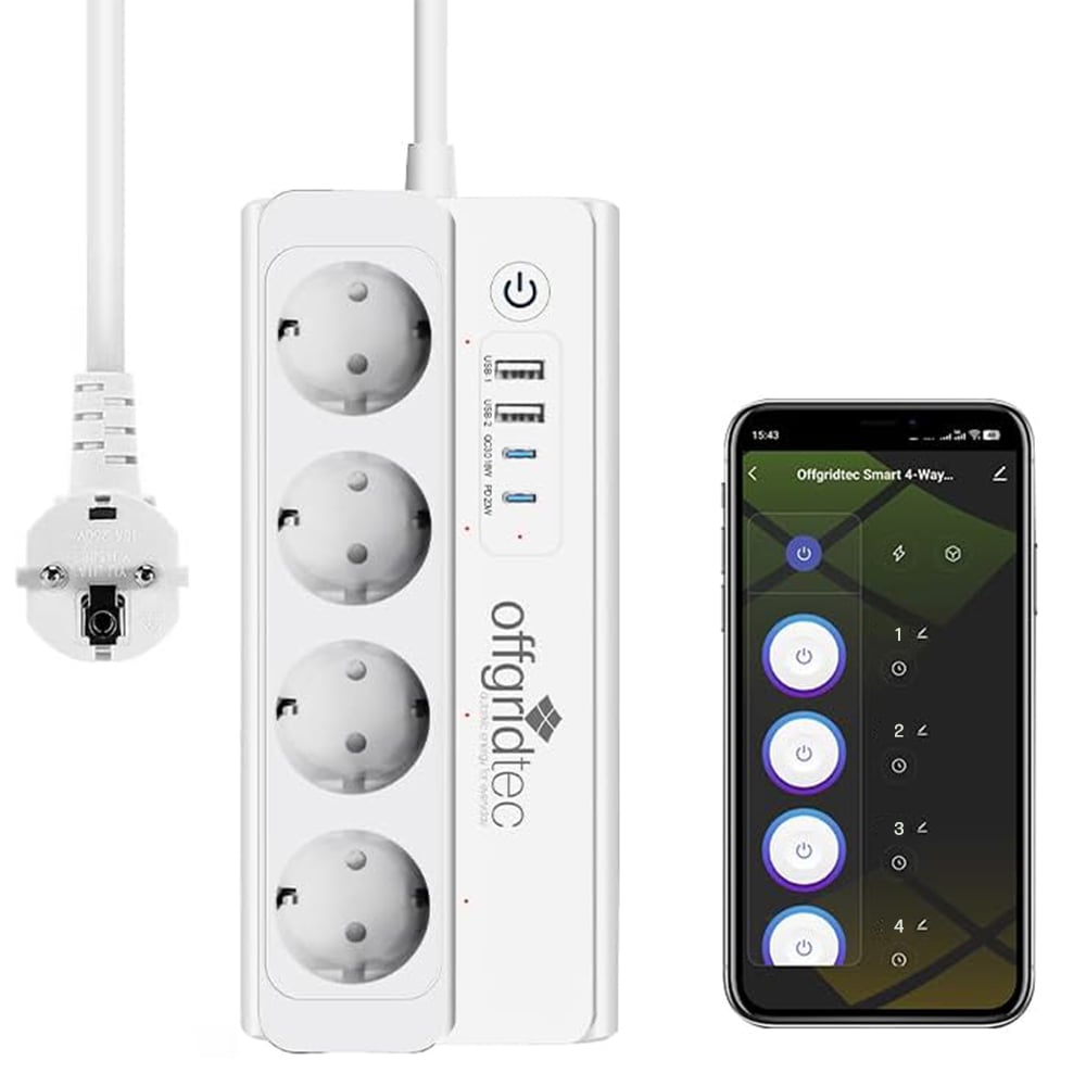 Offgridtec smart 4-way socket strip + 2x USB-A and 2x USB-C connection with Smart Life or Tuya app - 1.5m cable