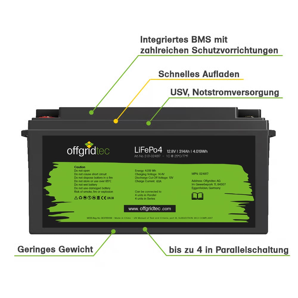 Infografik zur Offgridtec 314Ah LiFePO4 Batterie: Integriertes BMS, Schnelles Aufladen, USV, bis zu 4 in Parallelschaltung