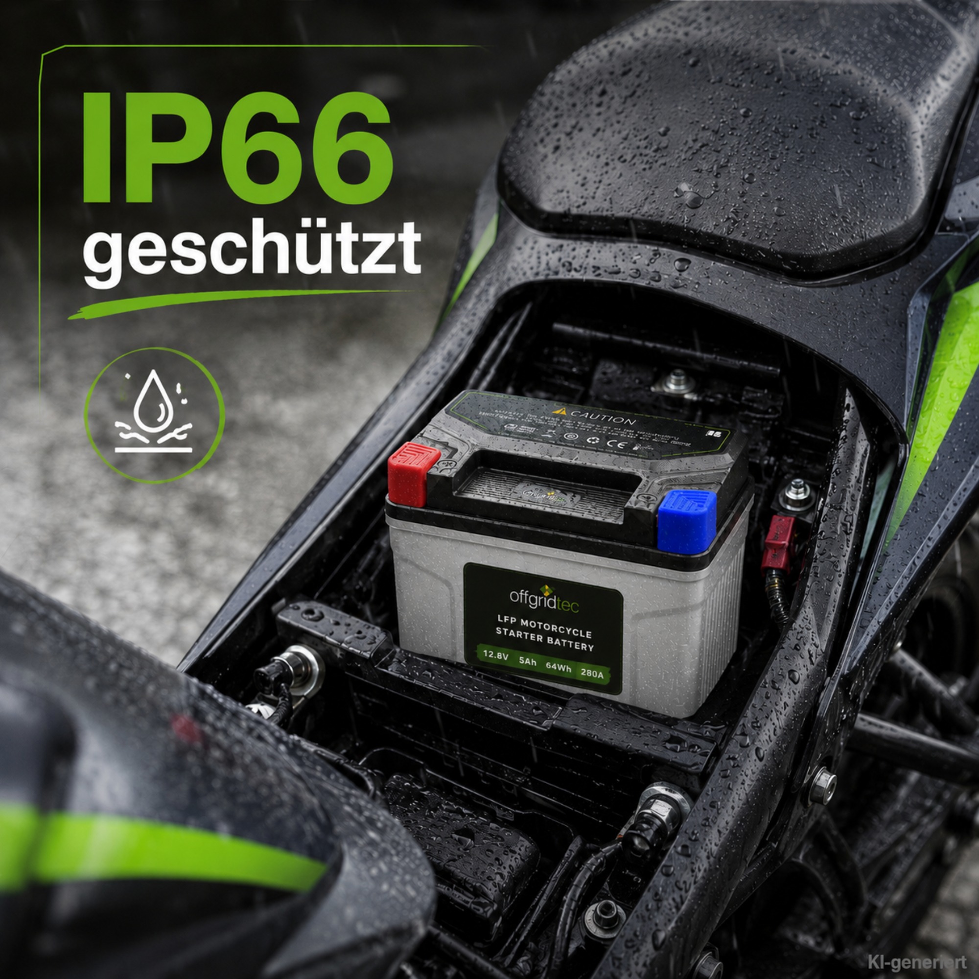 graue Motorradbatterie in geöffneten Motorrad mit Spritzwasser