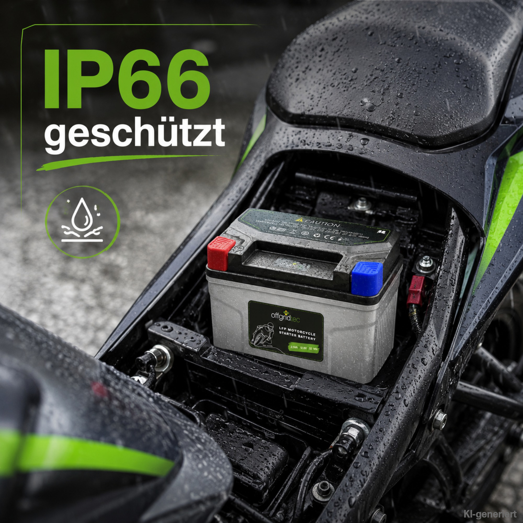 Motorradbatterie in Motorrad mit Regentropfen