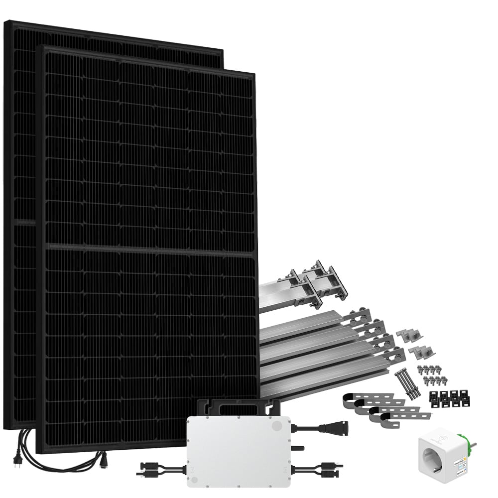 Offgridtec® Solar-Direct 860w hms-800w-2t Centrale électrique pour balcon BIfazial Full Black prise de courant de sécurité - 5m - kit de montage pour balustrade de balcon avec compteur électrique