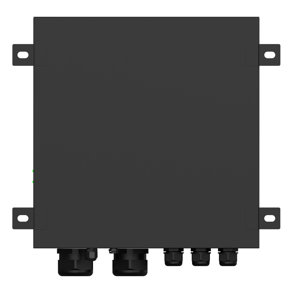 schwarze Rückseite der Solax X3-PBOX-300kW-G2 mit Montagedurchführungen seitlich und Kabeldurchführungen unten