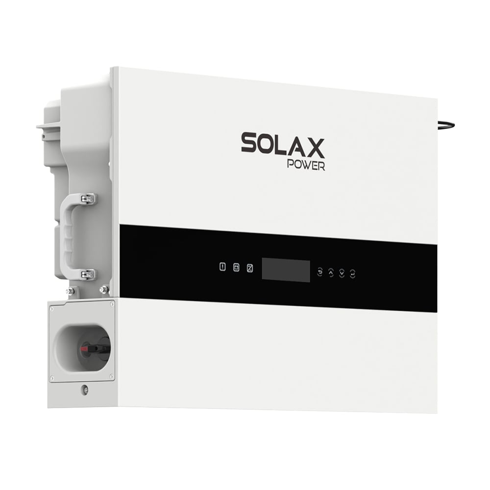 Schrägansicht von links: Solax X1-IES-4.6K Inverter, weißes Gehäuse, schwarzes Bedienfeld und Display vorne, seitlicher Griff