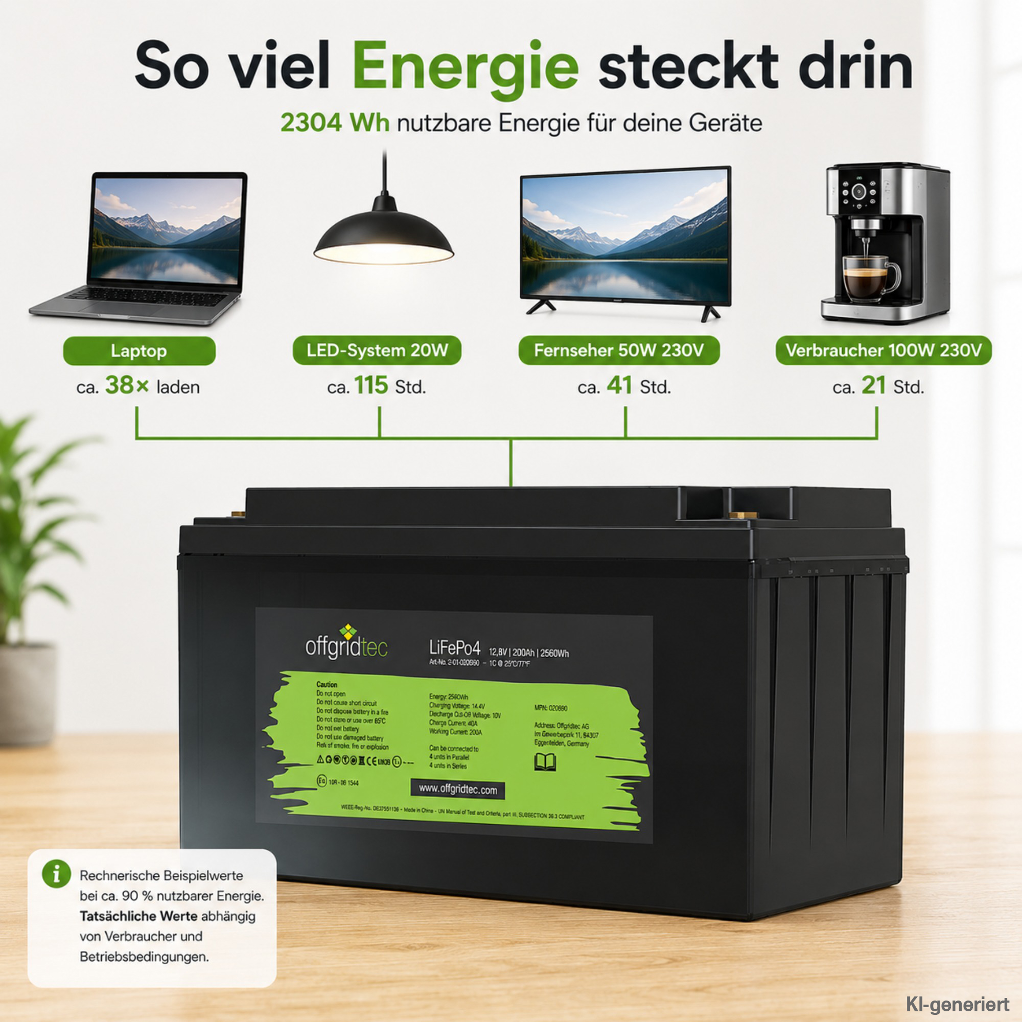 schwarze Offgridtec LiFePO4 Batterie 12V 200Ah Energieberechnung