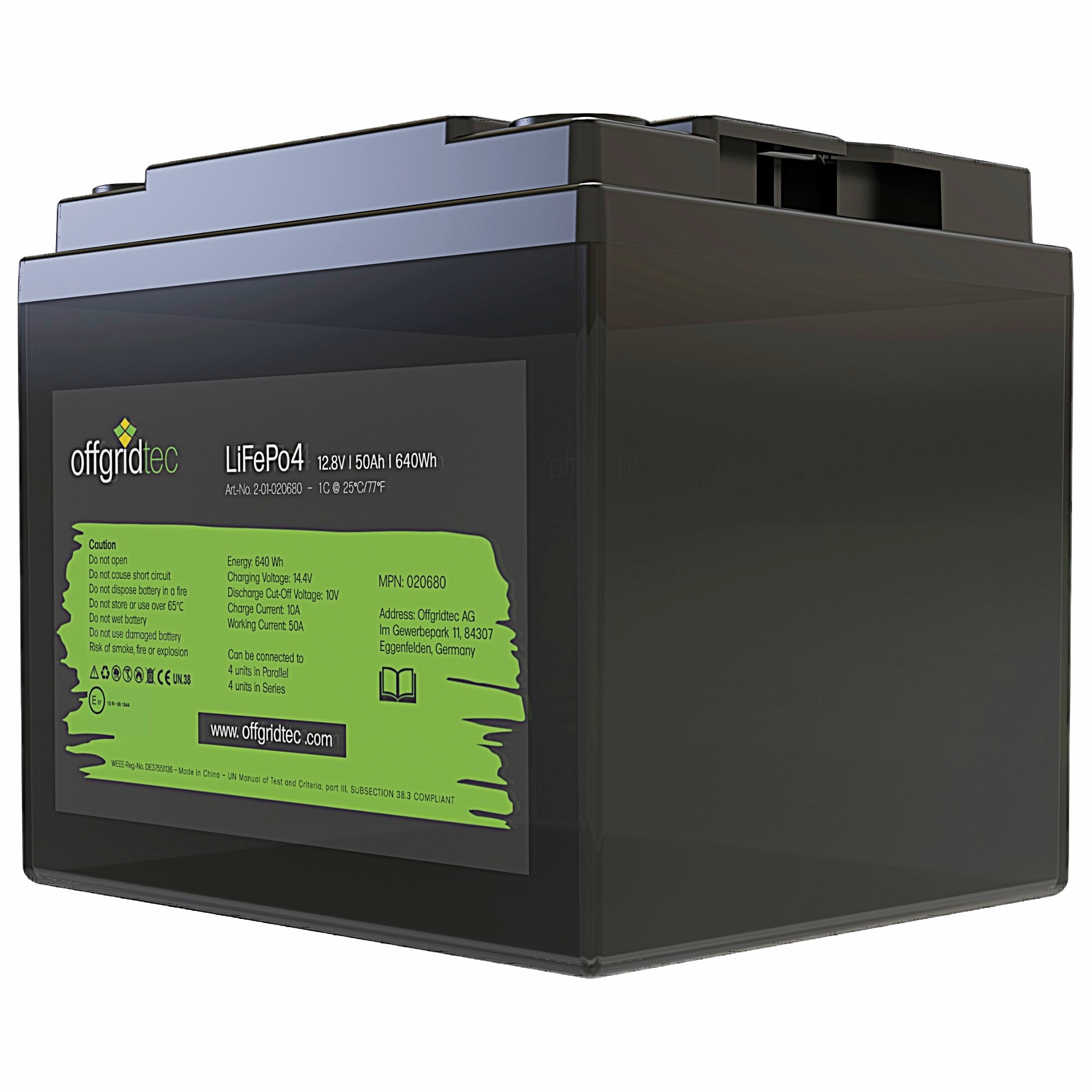 schwarze Offgridtec LiFePo4 Batterie 12V 50Ah Schrägansicht Front rechts