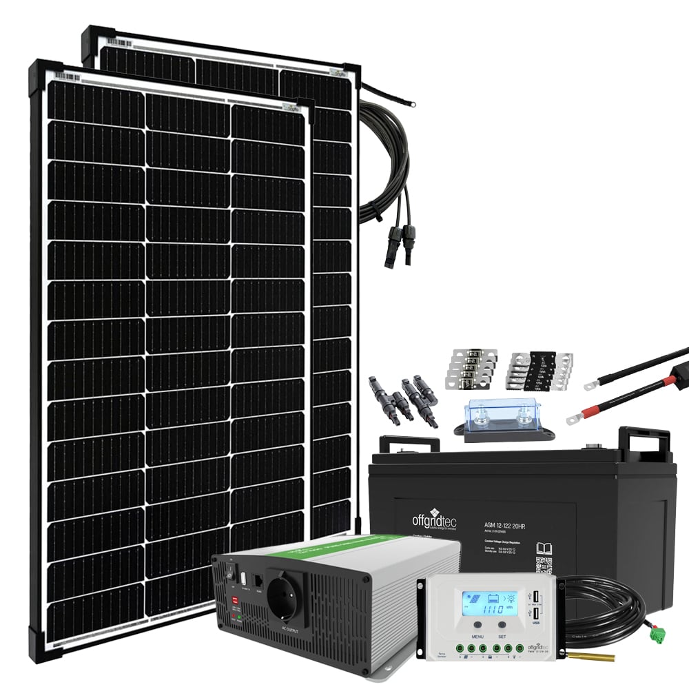 Solaranlage mit allen Komponenten, Solarmodule, Batterie, Solarladeregler, Spannungswandler, Verkabelung und Sicherungen