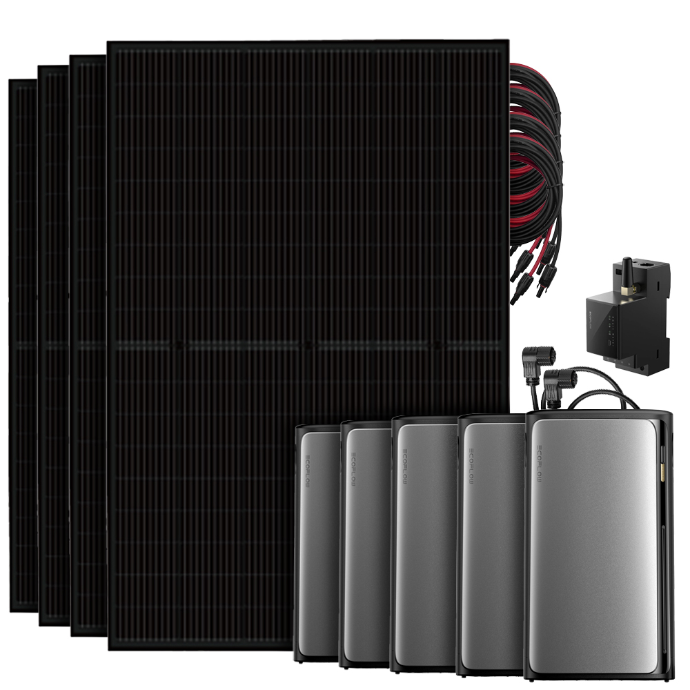 Setansicht: 4 Solarmodule, Ecoflow Stream Ultra All-in-One Speicher System, 4 EcoFlow AC Pro Batterien, Stromzähler und Kabel