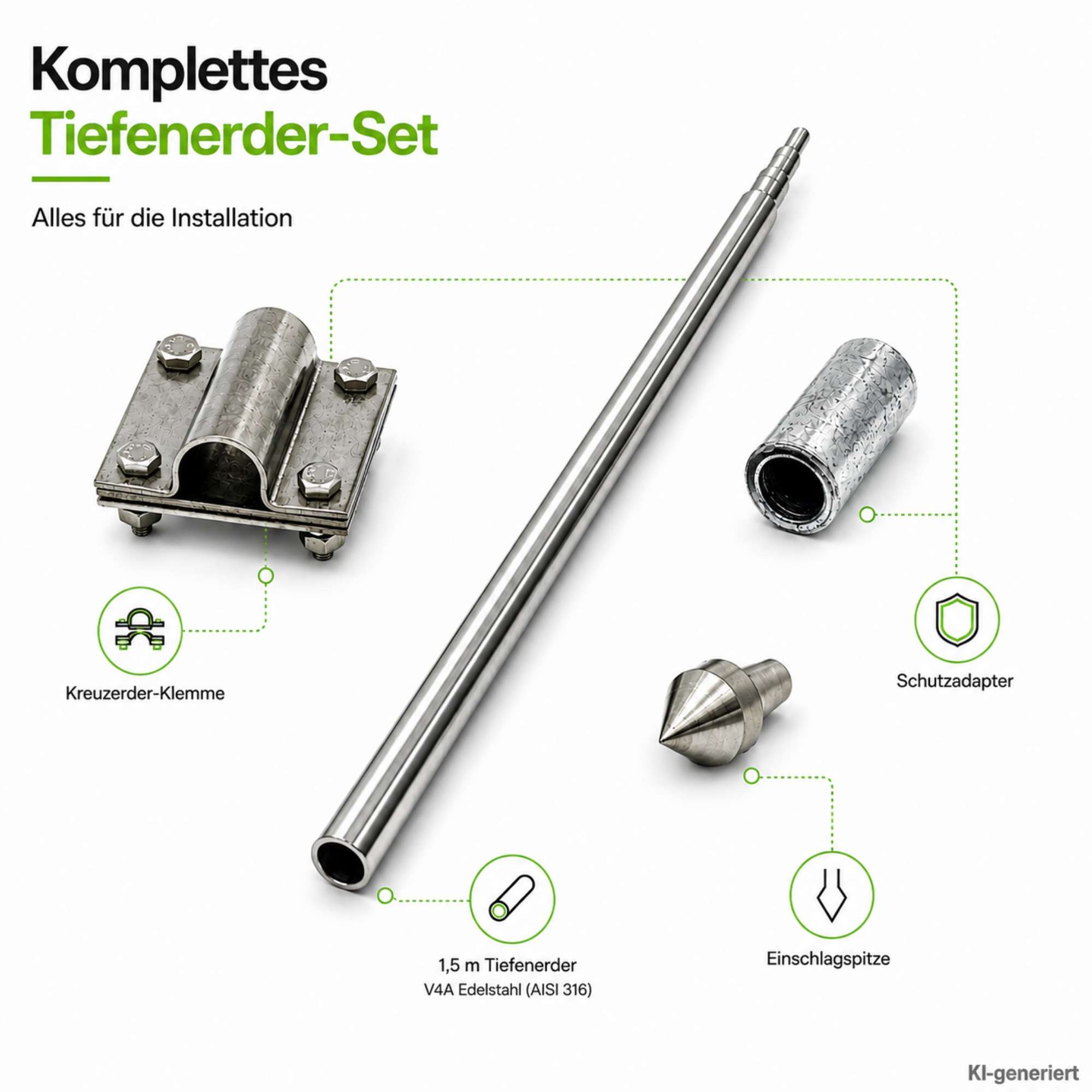 Erdungsspieß aus Edelstahl, Einschlagspitze, Kreuzeder-Klemme & Schutzadapter - Vorteile