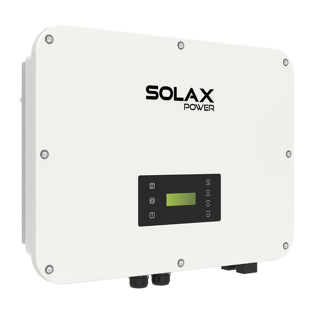 Schrägansicht von links: SolaX X3-ULT-15KP(AFCI) Inverter mit Display und Anschlüssen