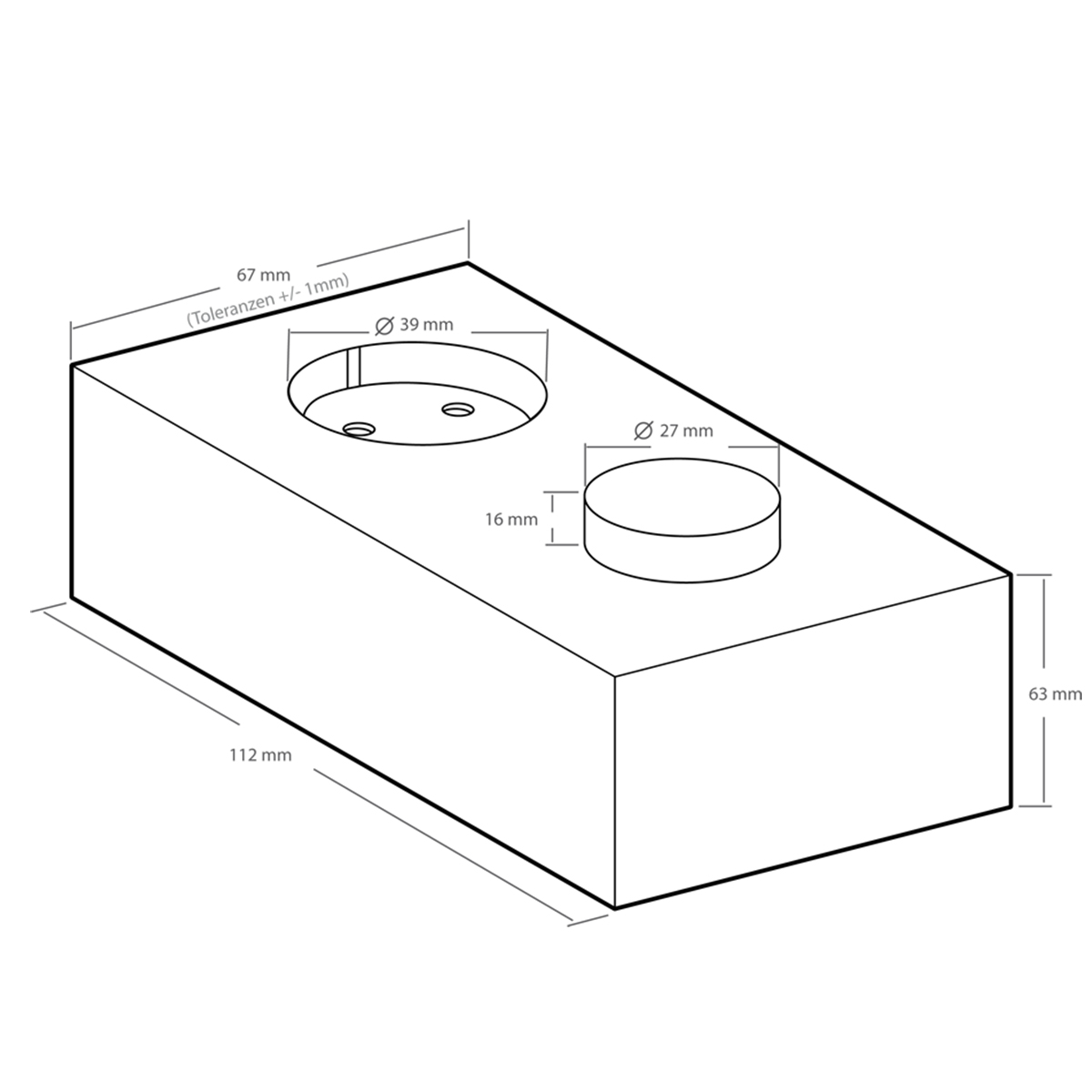 Technische Zeichnung des Kemo FG002N Leistungsreglers mit Abmessungen:112x63x67mm