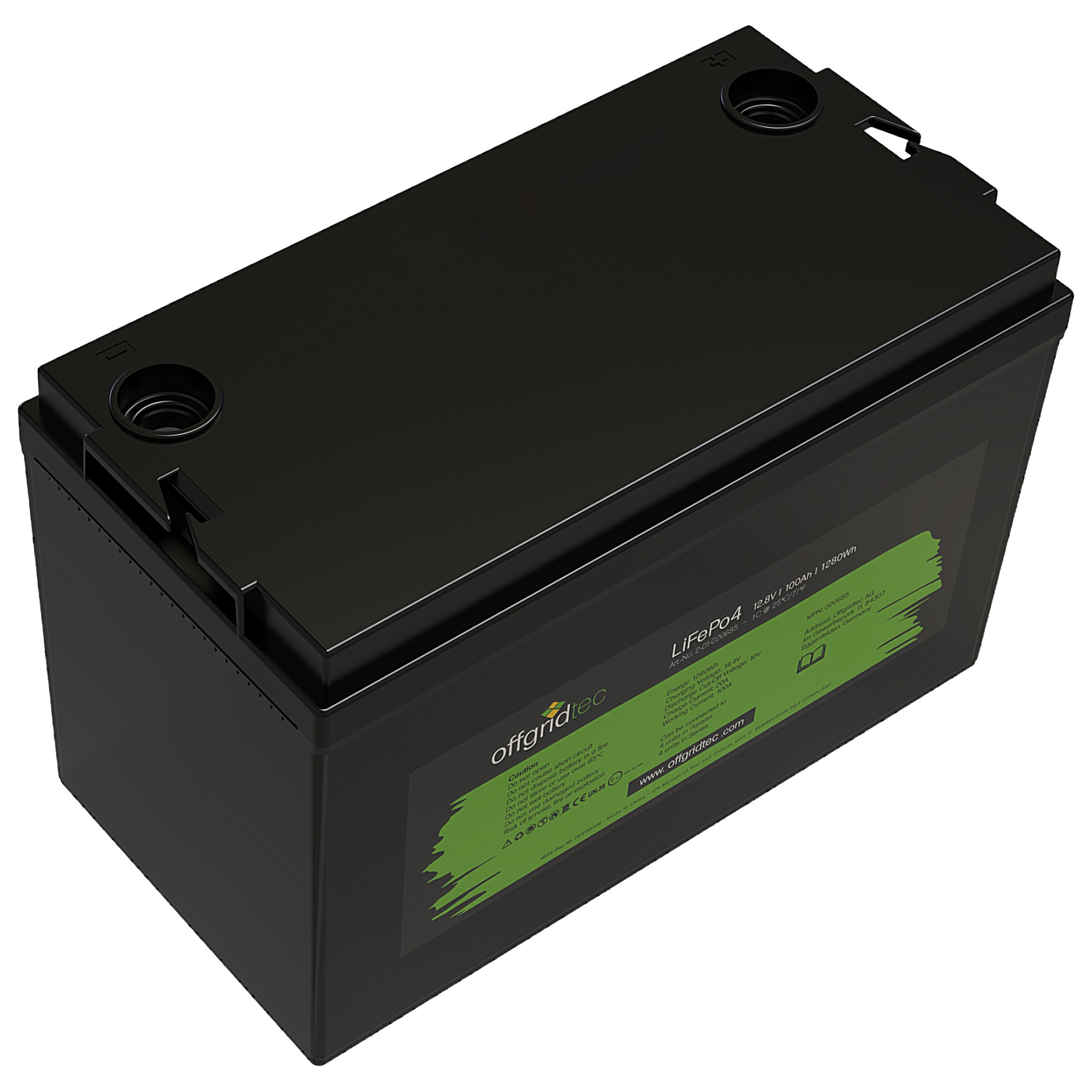 schwarze Offgridtec LiFePO4 Batterie 12V 100Ah Schrägansicht oben links